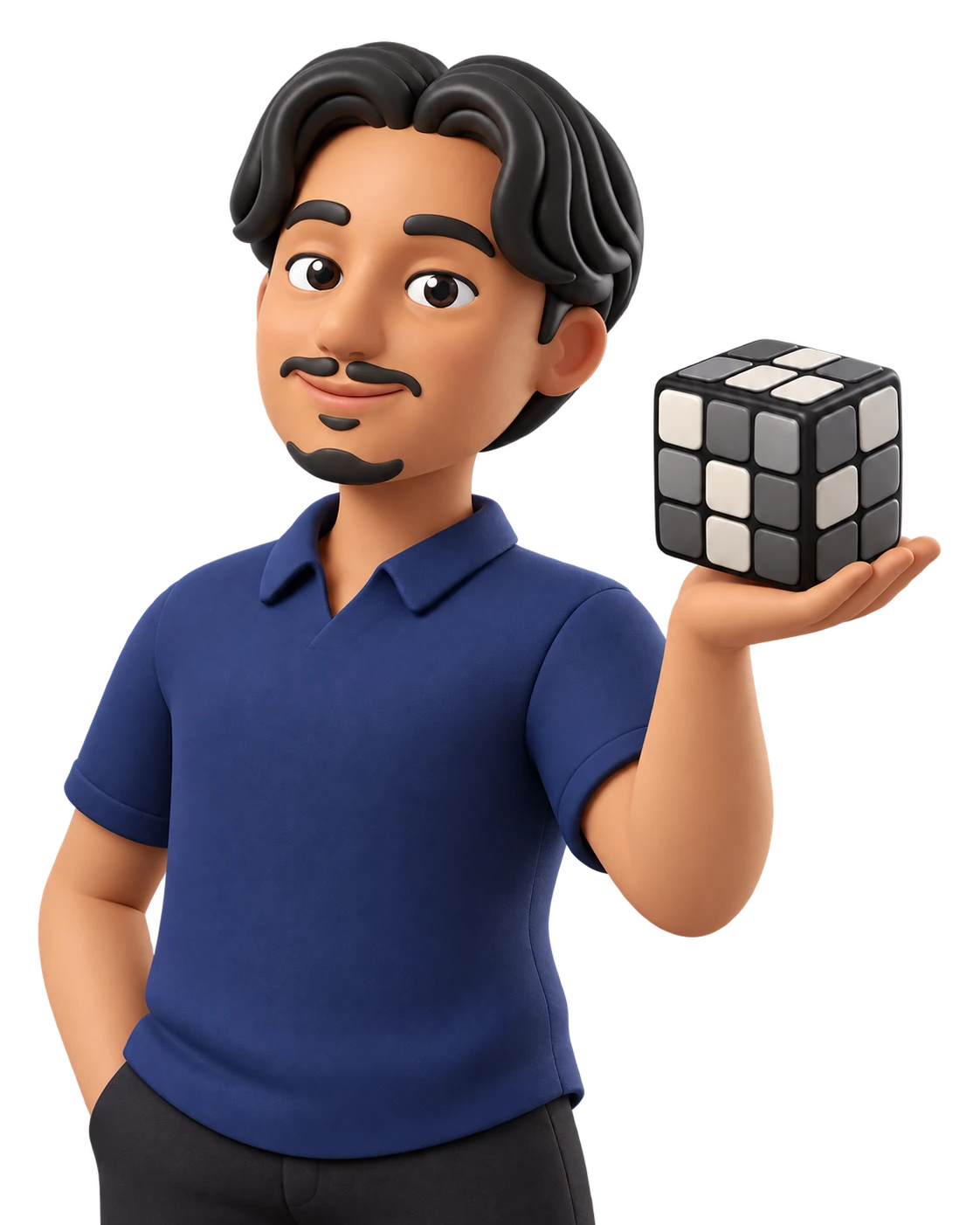 Ishan’s illustrated character holding a puzzle cube