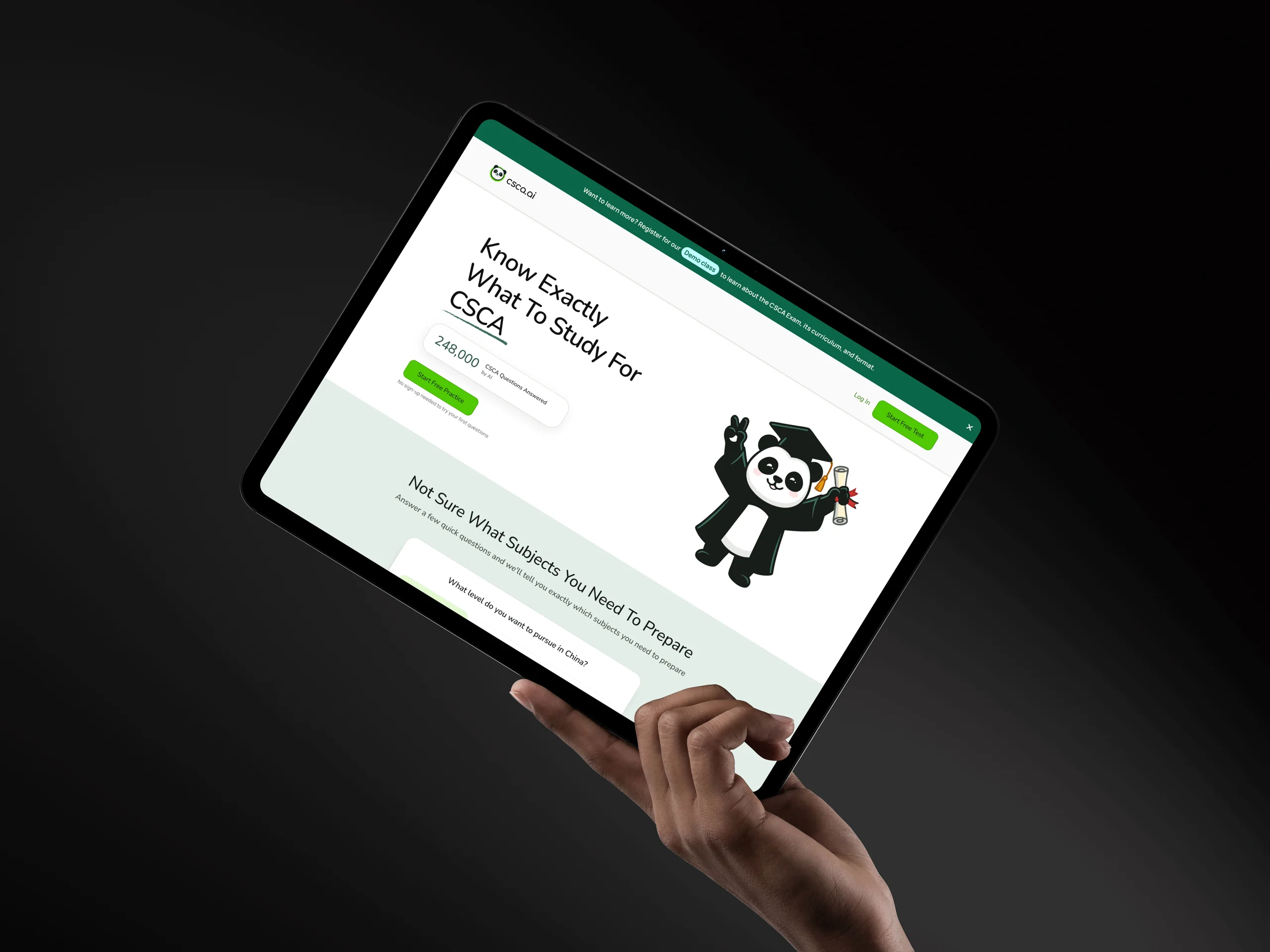 CSCA.AI exam preparation website displayed on a tablet