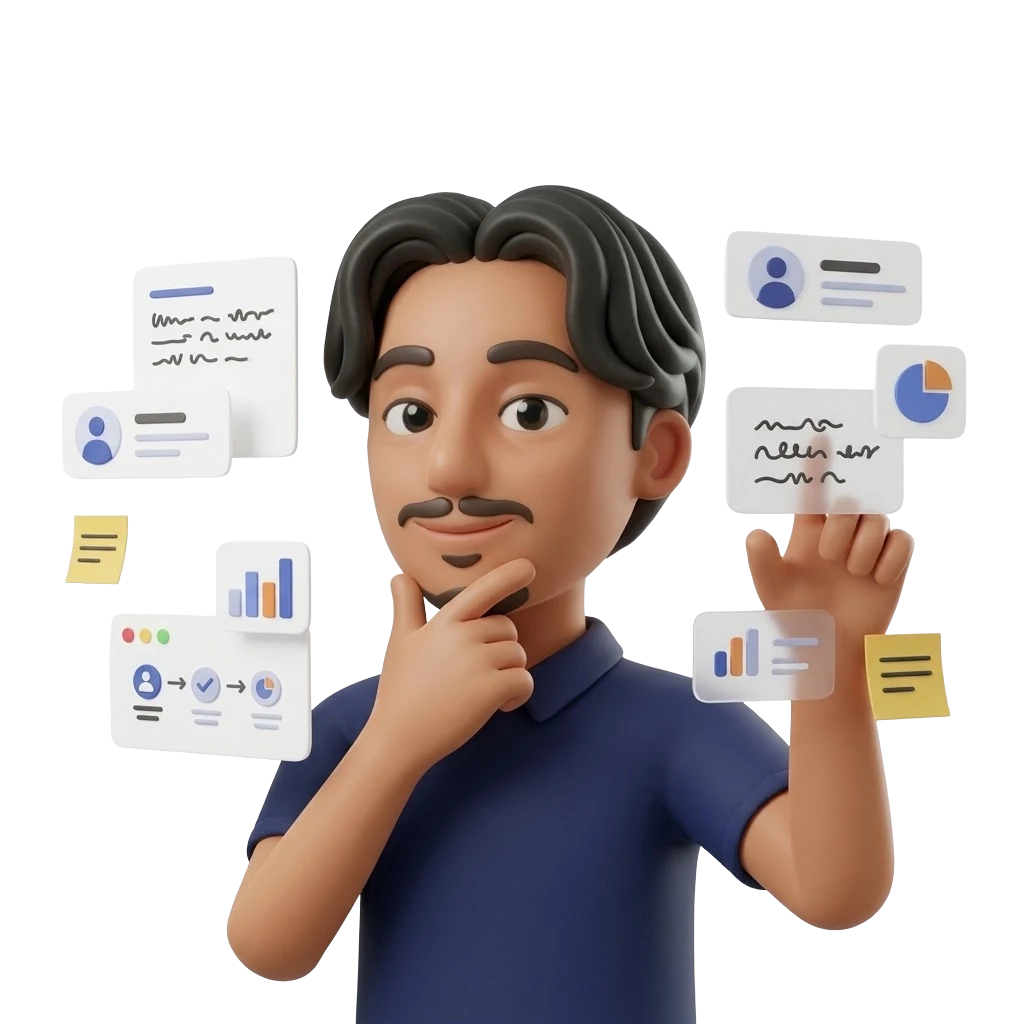 Ishan’s illustrated character exploring interface designs